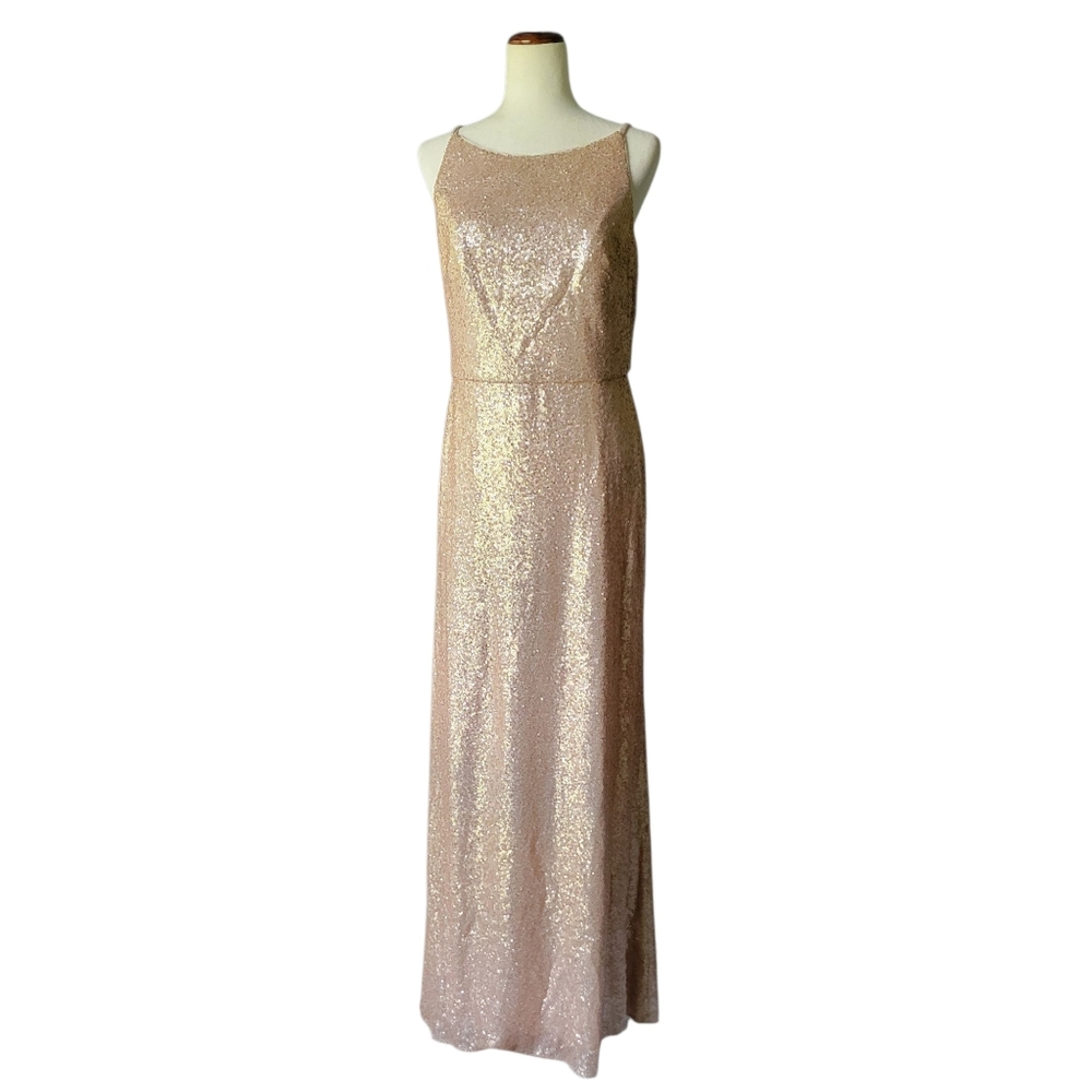 Dessy Collection Maxi Gown Rose Gold Sequins Sleeveless Scoop Neck